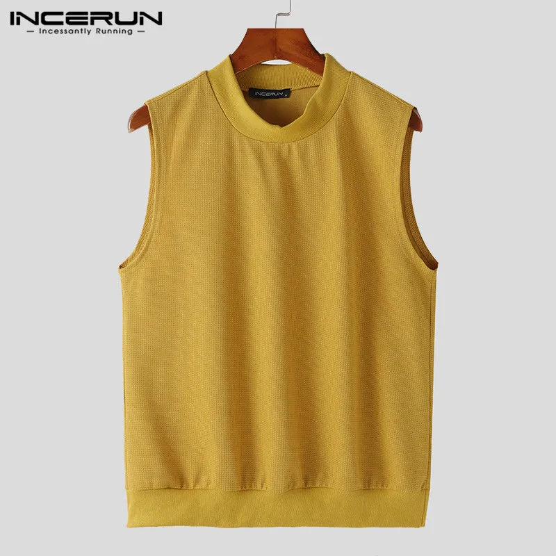 INCERUN Tops 2024 Korean Style New Men Knitted Fabric Solid Vests Leisure Streetwear Hot Selling Male Sleeveless Tank Tops S-5XL