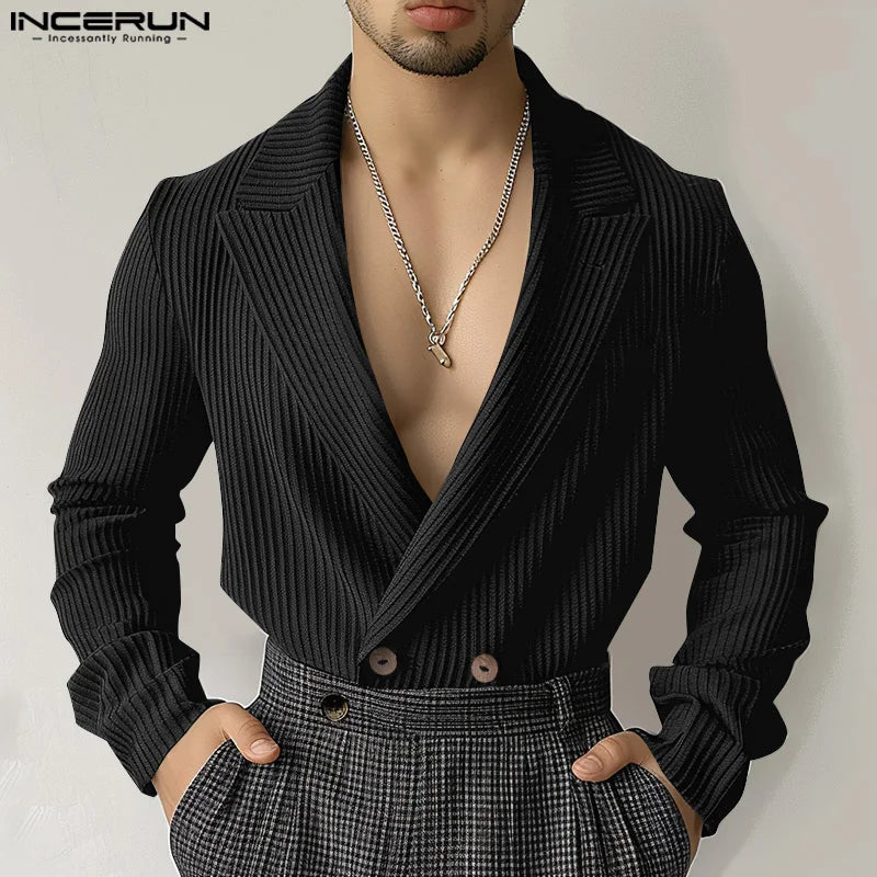 Fashion Well Fitting Tops INCERUN New Men Deep V-neck Striped Design Suit Coats Casual Male Solid Long Sleeved Blazer S-5XL 2024