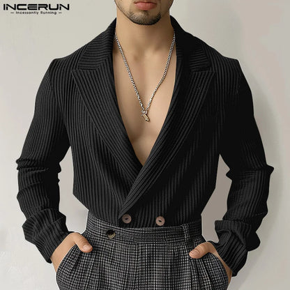 Mode Bien Ajusté Hauts INCERUN Nouveaux Hommes Col En V Profond Rayé Conception Costume Manteaux Décontracté Homme Solide À Manches Longues Blazer S-5XL 2024