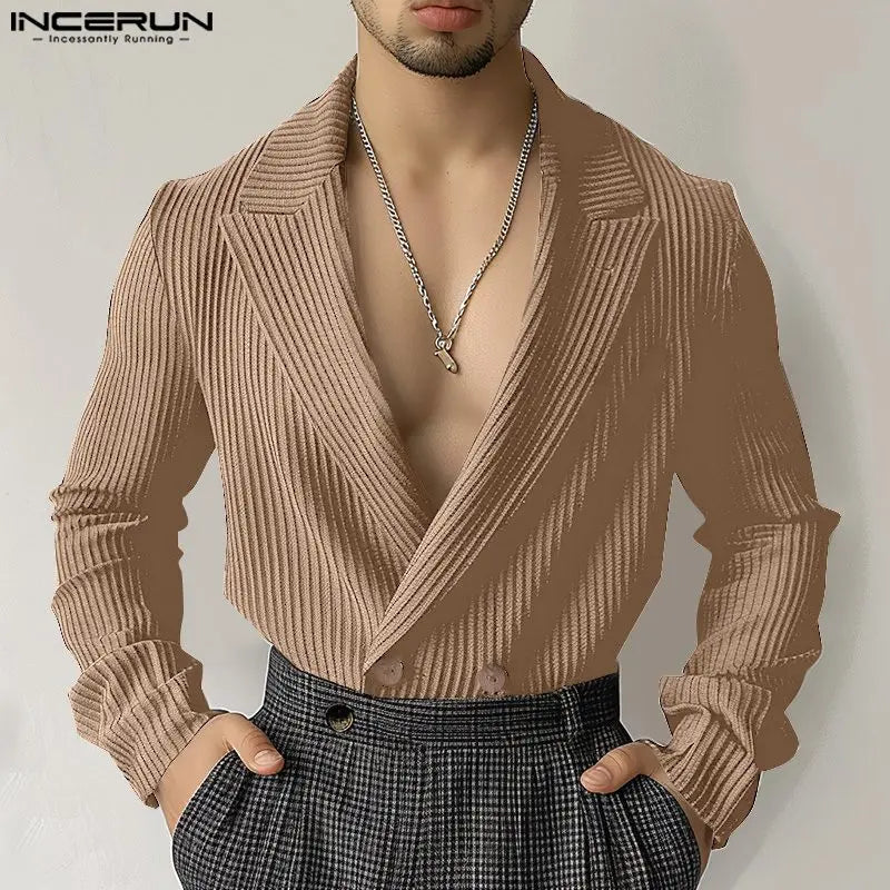 Fashion Well Fitting Tops INCERUN New Men Deep V-neck Striped Design Suit Coats Casual Male Solid Long Sleeved Blazer S-5XL 2024