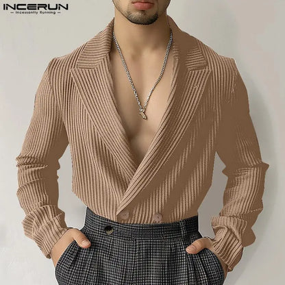 Mode Bien Ajusté Hauts INCERUN Nouveaux Hommes Col En V Profond Rayé Conception Costume Manteaux Décontracté Homme Solide À Manches Longues Blazer S-5XL 2024