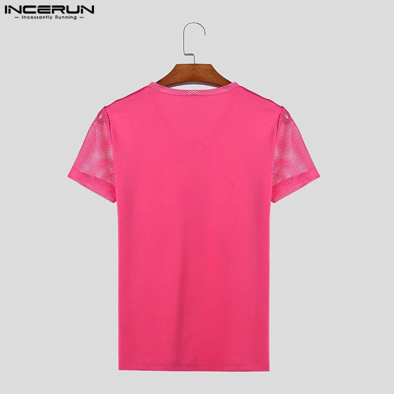 INCERUN Tops 2024 American Style Fashion Mens Rose Red Mesh T-shirts Casual Sexy Party Shows V-neck Short Sleeved Camiseta S-2XL