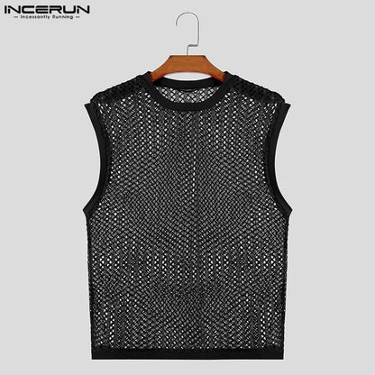 INCERUN Tops 2024 American Style Sexy Men Solid Hollow Perspective Vests Stylish Streetwear Male All-match Loose Tank Tops S-5XL