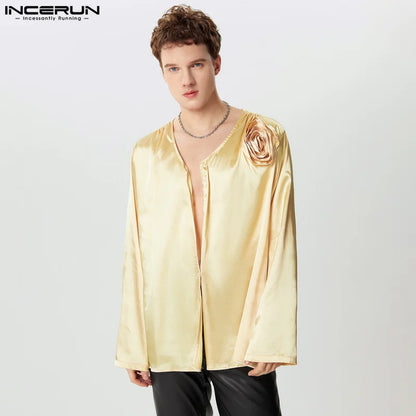 INCERUN Tops 2024 Korean Style Fashion Men's Satin Floral Decoration Shirts Sexy Male Hot Sale V-neck Short Sleeved Blouse S-5XL