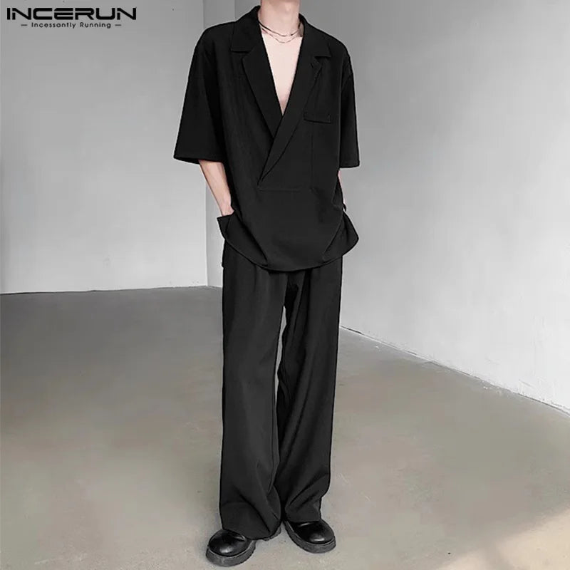 INCERUN 2024 Korean Style Sets Fashion New Men Suit Neckline Drop Short Sleeve Shirt Pants Streetwear Solid Two Piece Sets S-5XL