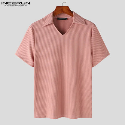 INCERUN Tops 2024 Korean Style New Men Loose Textured Solid Color T-shirts Casual Simple Male Short Sleeved Lapel Camiseta S-5XL