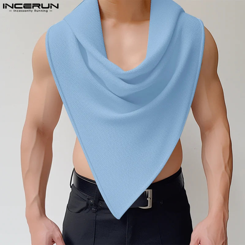 INCERUN Tops 2024 American Style New Men Fashion Texture Pile Up Collar Vests Casual Streetwear Solid Sleeveless Tank Tops S-5XL