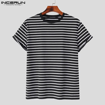 INCERUN Tops 2024 Style coréen Hommes O-cou Rayé Épaule Lâche T-shirts Décontracté Streetwear Élastique À Manches Courtes Camiseta S-5XL