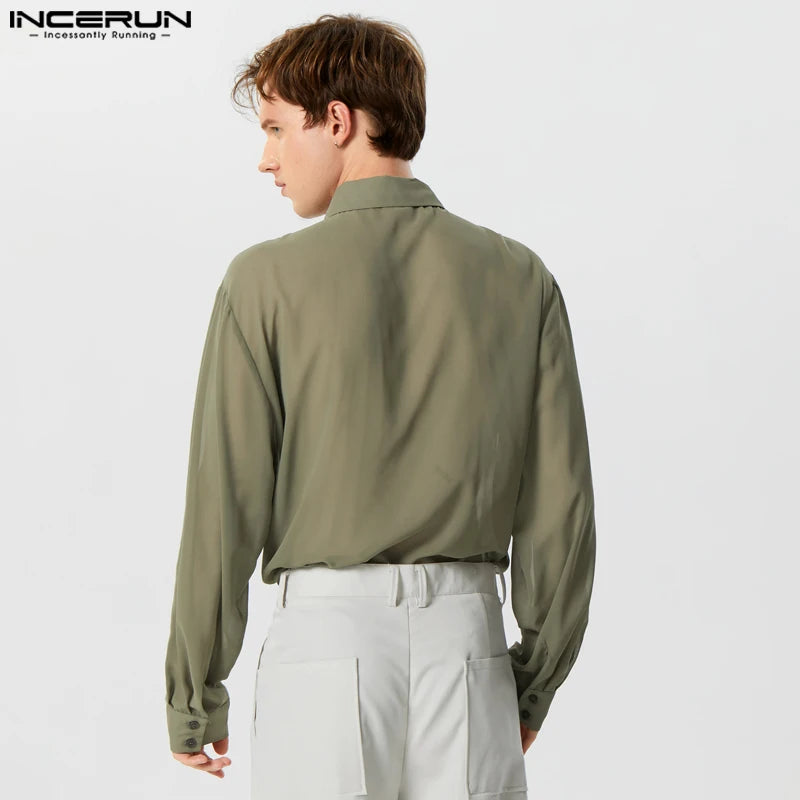 Hauts de style décontracté à la mode INCERUN Nouveaux chemises à volants transparentes en mousseline de soie pour hommes Chemisier à revers à manches longues mince pour hommes S-5XL