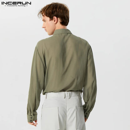 Fashion Casual Style Tops INCERUN New Men's Chiffon Transparent Ruffled Placket Shirts Male Thin Long Sleeved Lapel Blouse S-5XL