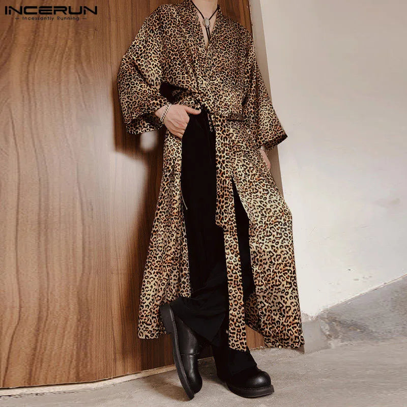 INCERUN Tops 2024 Sexy Men's Long Knee Length Shirts Casual Leopard Print Satin Strap Design Long Sleeved Cardigan Blouse S-5XL