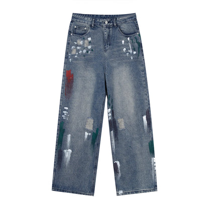 HOUZHOU Oversize Graphic Jeans Y2k Men Ripped Jeans Pants With Print Blue Denim Trousers Male Punk Japanese Streetwear Hip Hop