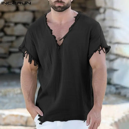 INCERUN Tops 2024 American Style Men's Simple V-neck Design T-shirts Summer Casual Streetwear Solid Short Sleeved Camiseta S-5XL