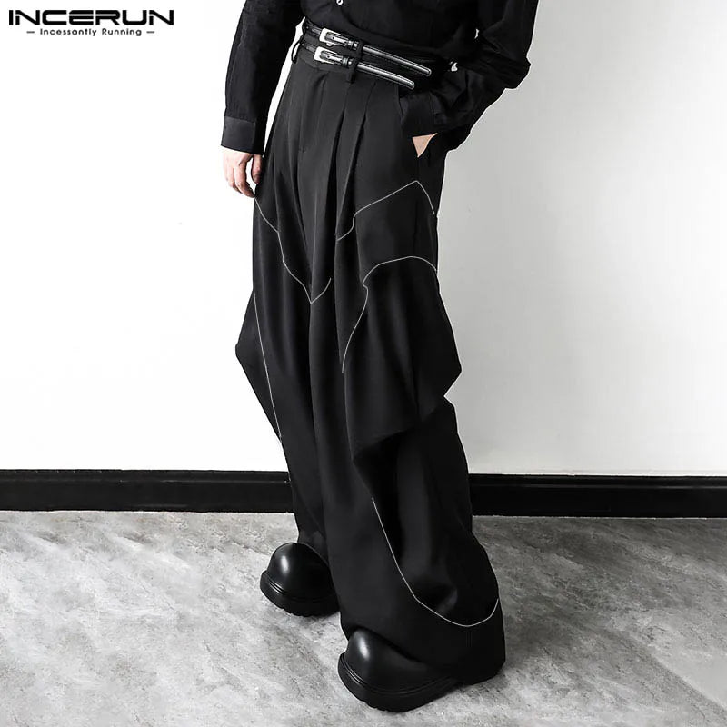 INCERUN 2024 Korean Style Pantalons New Men's Solid Line Splicing Pants Casual Simple Male All-match Straight Leg Trousers S-5XL