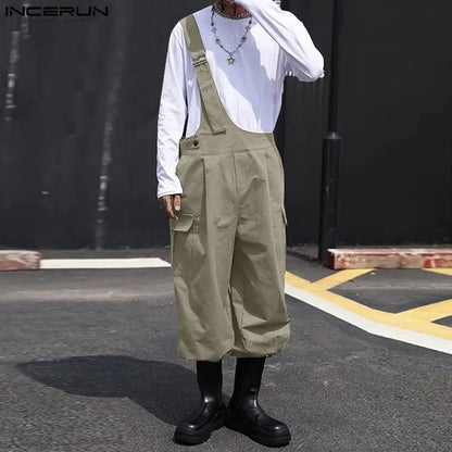 2023 Men Jumpsuits Solid Color Loose Sleeveless Casual One Shoulder Fashion Rompers Streetwear Male Cargo Overalls Pants INCERUN