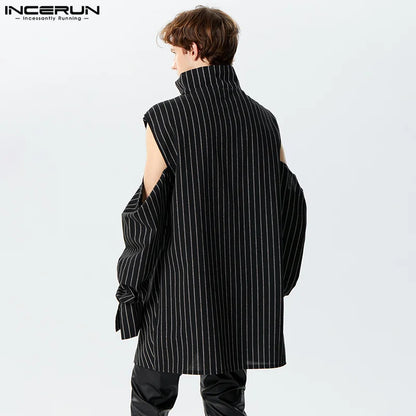 2024 Men Irregular Shirt Striped Turtleneck Long Sleeve Off Shoulder Loose Men Clothing Streetwear Casual Camisas S-5XL INCERUN