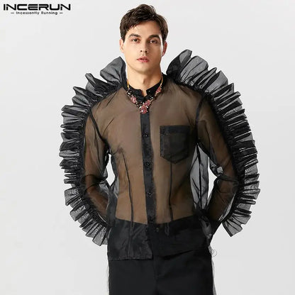 INCERUN Tops 2023 American Style New Mens Fashion Sexy Pleated Mesh Shirts Casual Party Show Patchwork Long Sleeved Blouse S-5XL