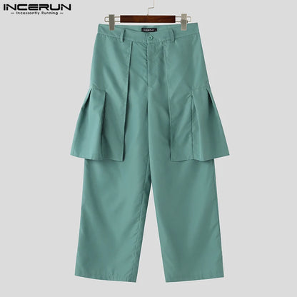 INCERUN 2024 Korean Style Trousers Men Deconstruction Fake Two-piece Design Pantalons Leisure Solid Comfortable Long Pants S-5XL