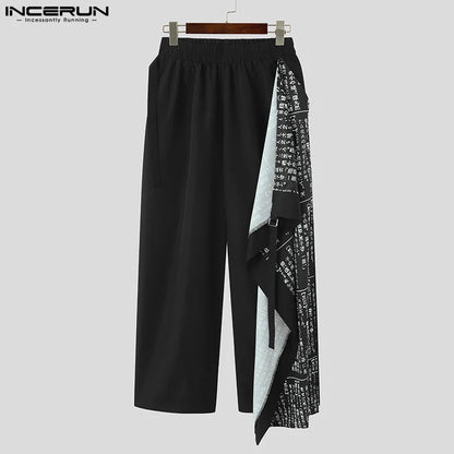 2023 Men Casual Pants Print Patchwork Elastic Waist Streetwear Fashion Irregular Trousers Loose Wide Leg Pants Men S-5XL INCERUN