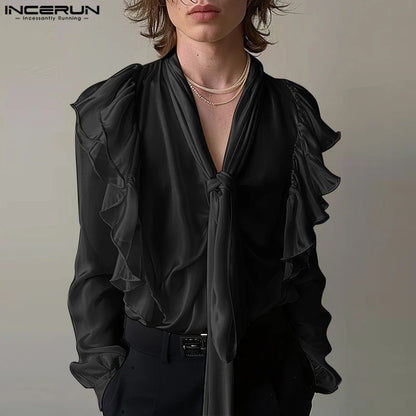 Fashion Sexy Style Tops INCERUN Handsome Men Loose Tie Design Ruffled Shirt Casual Clubwear Solid Long Sleeved Blouse S-5XL 2024