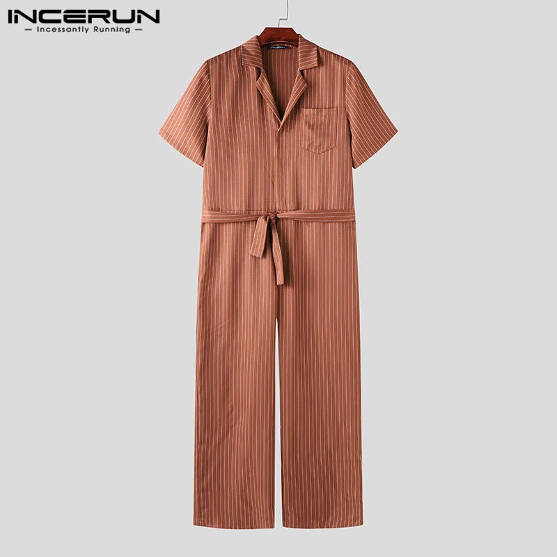 INCERUN 2024 American Style Stylish Men Suit Collar Design Rompers Summer Leisure Solid Striped Tie Short Sleeved Jumpsuit S-5XL