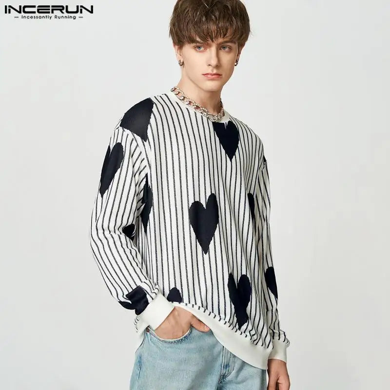 Stylish Funny Style Tops INCERUN Men's Love Stripe Printing Camiseta Casual Streetwear Male All-match Long Sleeve T-shirts S-5XL