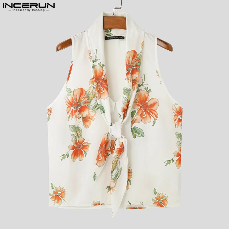 Fashion Casual Style Tops INCERUN New Mens Floral Print Pattern Vests Summer Holiday Male Hot Sale Tie Neck Tank Tops S-5XL 2024