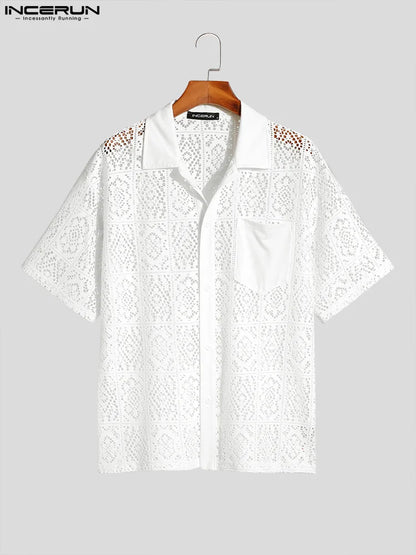 Fashion Casual Style New Men's Tops INCERUN Hollow Lace Pane Flower Printed Blouse Male Knitted Short-sleeved Shirts S-5XL 2023