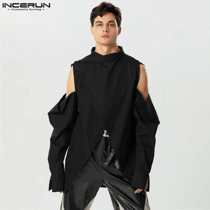 INCERUN Tops 2023 Style américain Nouvelle mode pour hommes Chemises de conception croisée Personnalité Épaule Solide Creux À Manches Longues Chemisier S-5XL