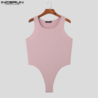 INCERUN 2023 Sexy Fashionable Men's Bodysuits Tight O-Neck Solid Rompers Casual Male Striped Hollow Comfortable Bodysuits S-5XL