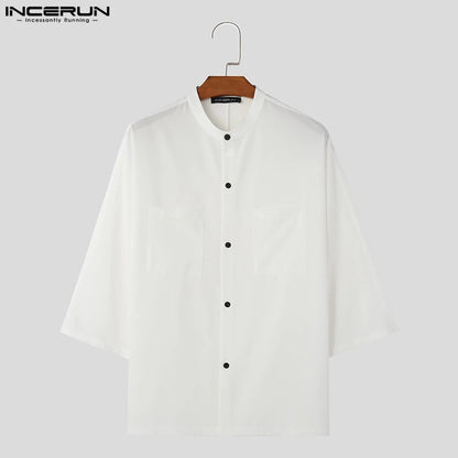 Handsome Well Fitting Tops INCERUN 2024 New Men's Simple Solid Large Pocket Shirts Casual Stand Neck Long Sleeved Blouse S-5XL