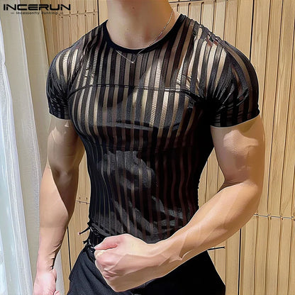 INCERUN Tops 2024 Sexy Hommes Serrés Rayés Transparents T-shirts Mode Fête Clubwear Mince O-cou Manches Courtes Camiseta S-5XL