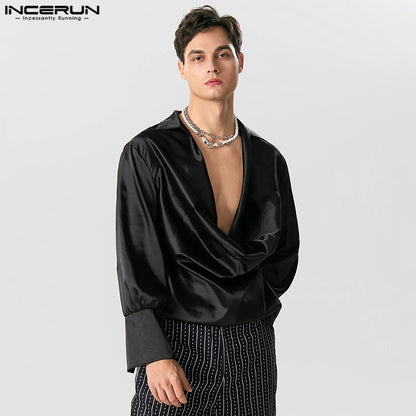 Männer Hemd Einfarbig V-ausschnitt Langarm Satin Männlichen Unregelmäßigen Shirts Lose Streetwear 2023 Mode Casual Camisas S-5XL INCERUN