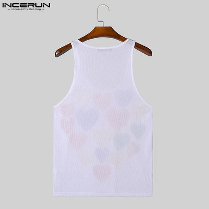 INCERUN Tops 2024 Koreanische Stil Herrenmode O-Ausschnitt Bunte Herz Höhlte Print Tank Tops Casual Streetwear Männlichen Westen S-5XL