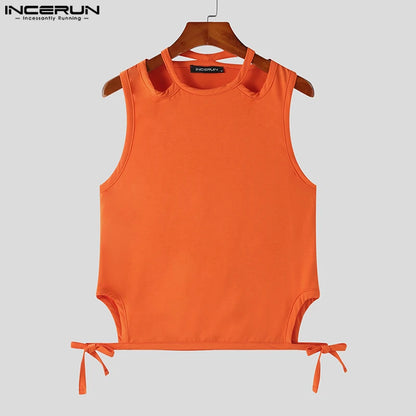 INCERUN Tops 2024 Hübsche neue Herren-Tanktops mit einfarbigem Strick und ausgehöhlten Trägern, stilvolle, lässige Tanktops für Männer mit Dekonstruktionsdesign, S-5XL