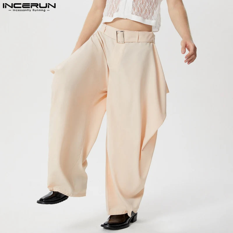 INCERUN 2024 American Style Trousers Men's Solid Color Silhouette Design Long Pants Casual Simple Male Wide Leg Pantalons S-5XL