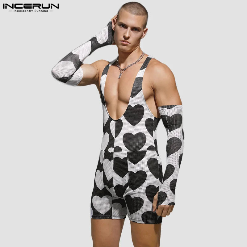 INCERUN 2024 Sexy Männer Bodysuits Liebe Druck Ärmel Design Overalls Stilvolle Männliche Homewear Flache winkel Ärmellose Strampler S-3XL