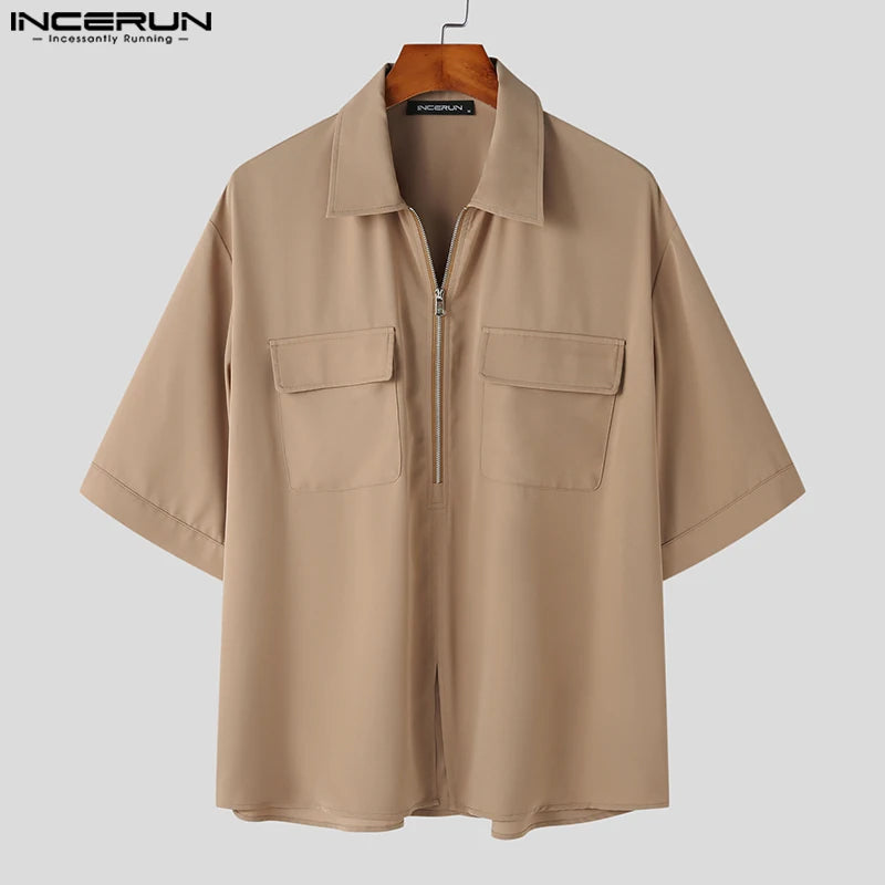 INCERUN Tops 2023 Korean Style New Men Half Zip Lapel Pocket Shirts Casual Streetwear Male Solid Short Sleeve Lapel Blouse S-5XL