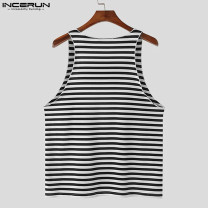 INCERUN Tops 2024 Style américain Hommes Noir et Blanc Rayé Simple Design Gilets Été Décontracté Streetwear Sans Manches Débardeurs S-5XL