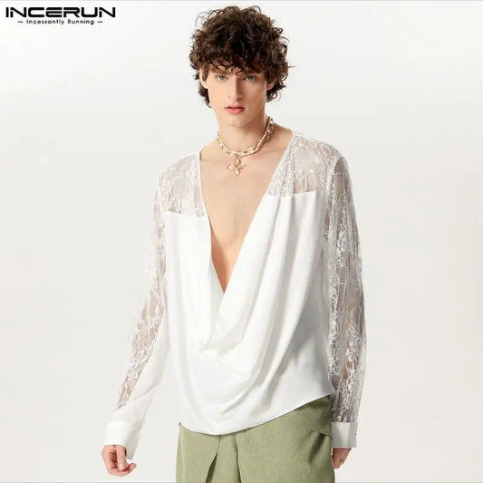 INCERUN Tops 2024 American Style New Men's Pile Up Collar Design Shirts Splicing Lace Male Solid Color Long Sleeved Blouse S-5XL