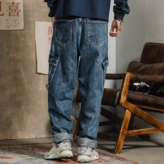 HOUZHOU Vintage Cargo Jeans Men Denim Pants Streetwear Oversize Trousers Male Retro Loose Korean Japanese Hip Hop Patchwork