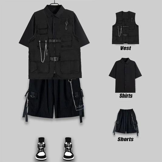 HOUZHOU Techwear Hommes Shorts Ensemble Débardeur Hommes Cargo Punk Rave Gilet Homme Chemise Streetwear Hip Hop Hippie Hommes Vêtements Poches