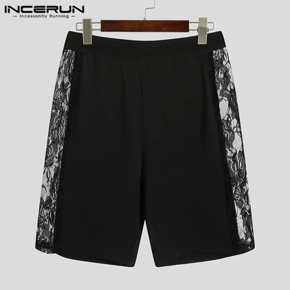 Summer Men's Sleep Shorts Lace Mesh Patchwork See Through Cozy Sexy Shorts Homewear 2024 Male Thin Sleep Bottoms INCERUN S-5XL