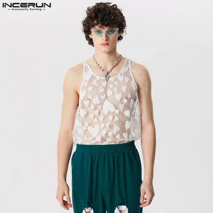 INCERUN Tops 2024 American Style Fashion Men O-neck Hollow Heart Design Vests Summer Sexy Casual Thin Sleeveless Tank Tops S-5XL