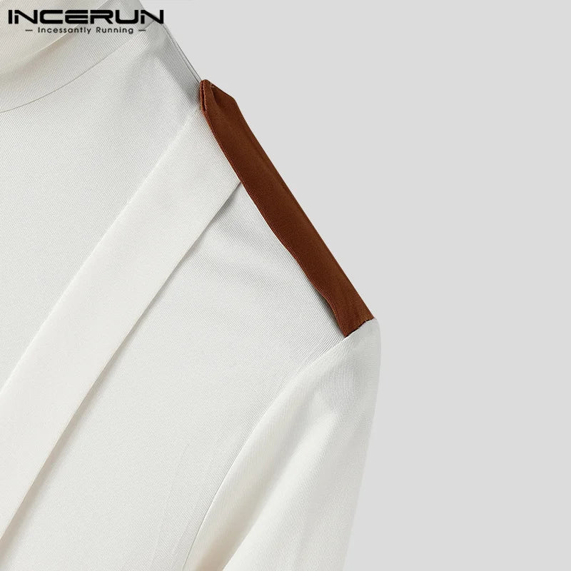 INCERUN Tops 2024 Stylish Men's Shirts High Neck Long Sleeve Thin Spring Autumn Streetwear Contrast Color Pullover Blouse S-5XL