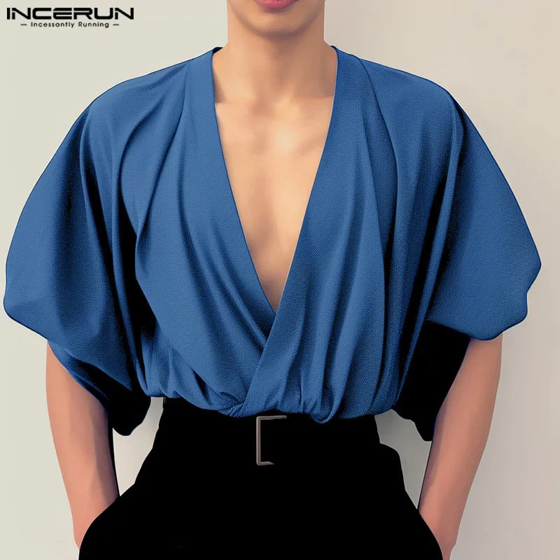 INCERUN Tops 2024 Korean Style Men Sexy Large V-neck Bubble Short Sleeved Shirts Party Clubwear Personality Solid Blouse S-5XL