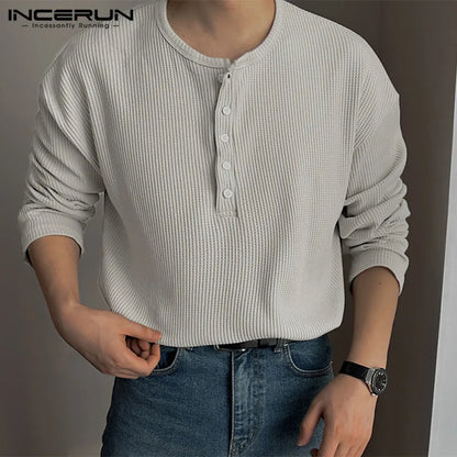 INCERUN Tops 2024 Korean Style Handsome Men Solid Half Open T-shirts Casual Well Fitting Male O-neck Long Sleeved Camiseta S-5XL