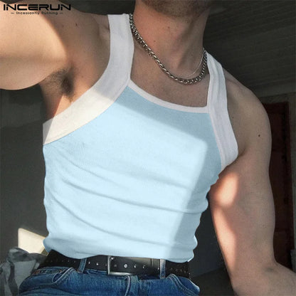 INCERUN Männer Tank Tops Patchwork Dünne Oansatz Ärmelloses Beiläufige Männliche Westen Streetwear Sommer 2024 Mode Männer Kleidung S-3XL