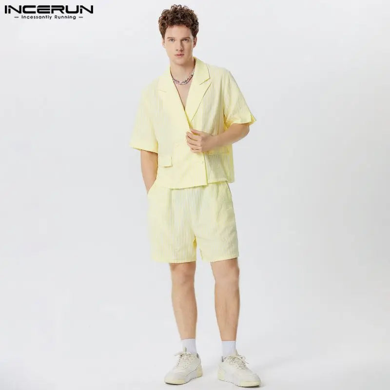 INCERUN 2024 American Style Sets Stylish Handsome Men Bubble Striped Cropped Suit Shorts Casual Simple Male Two-piece Sets S-5XL