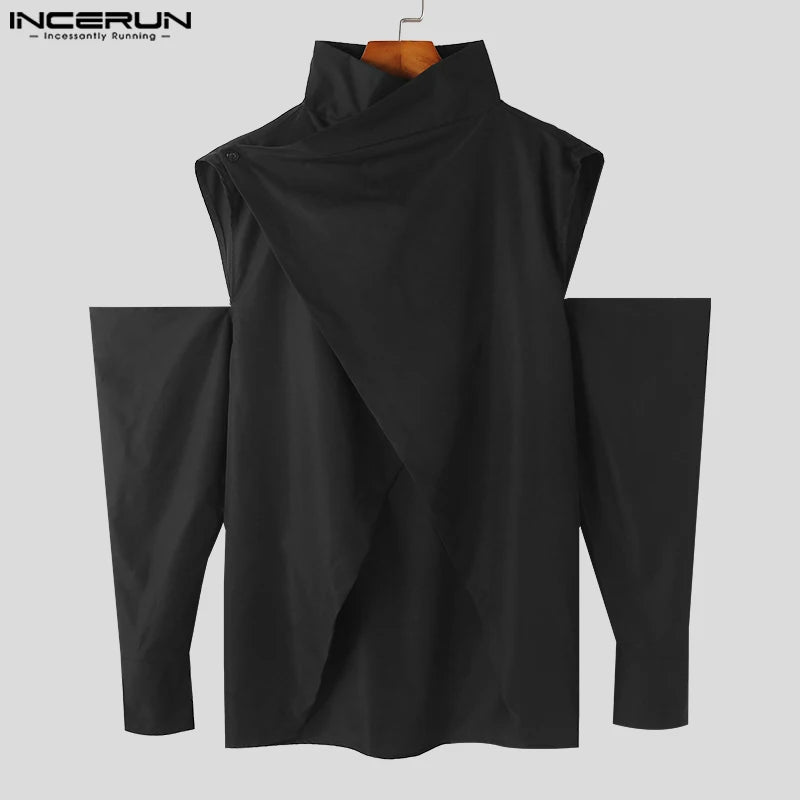 INCERUN Tops 2023 Style américain Nouvelle mode pour hommes Chemises de conception croisée Personnalité Épaule Solide Creux À Manches Longues Chemisier S-5XL